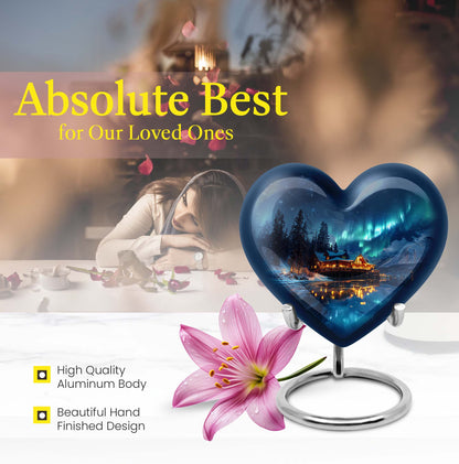 Northern Lights-themed heart urn for ashes