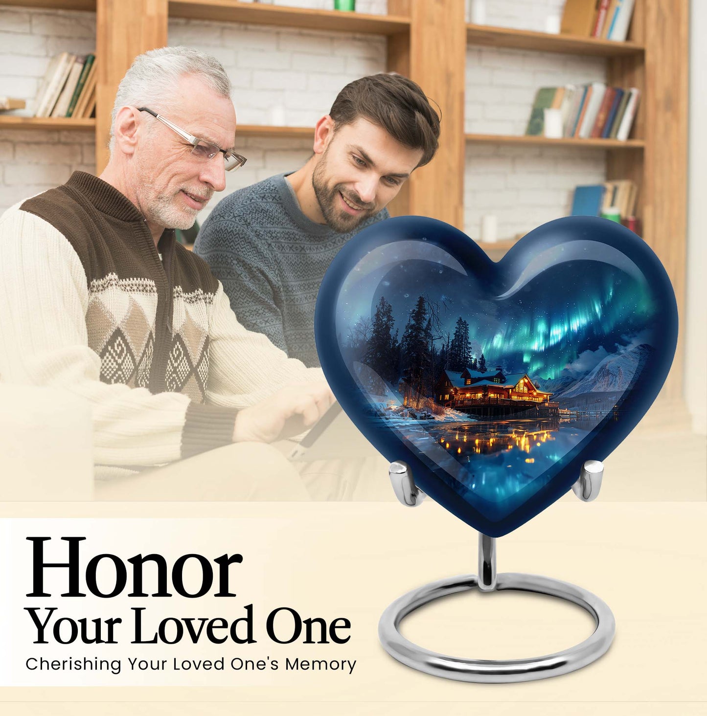 Northern Lights-themed heart urn for ashes
