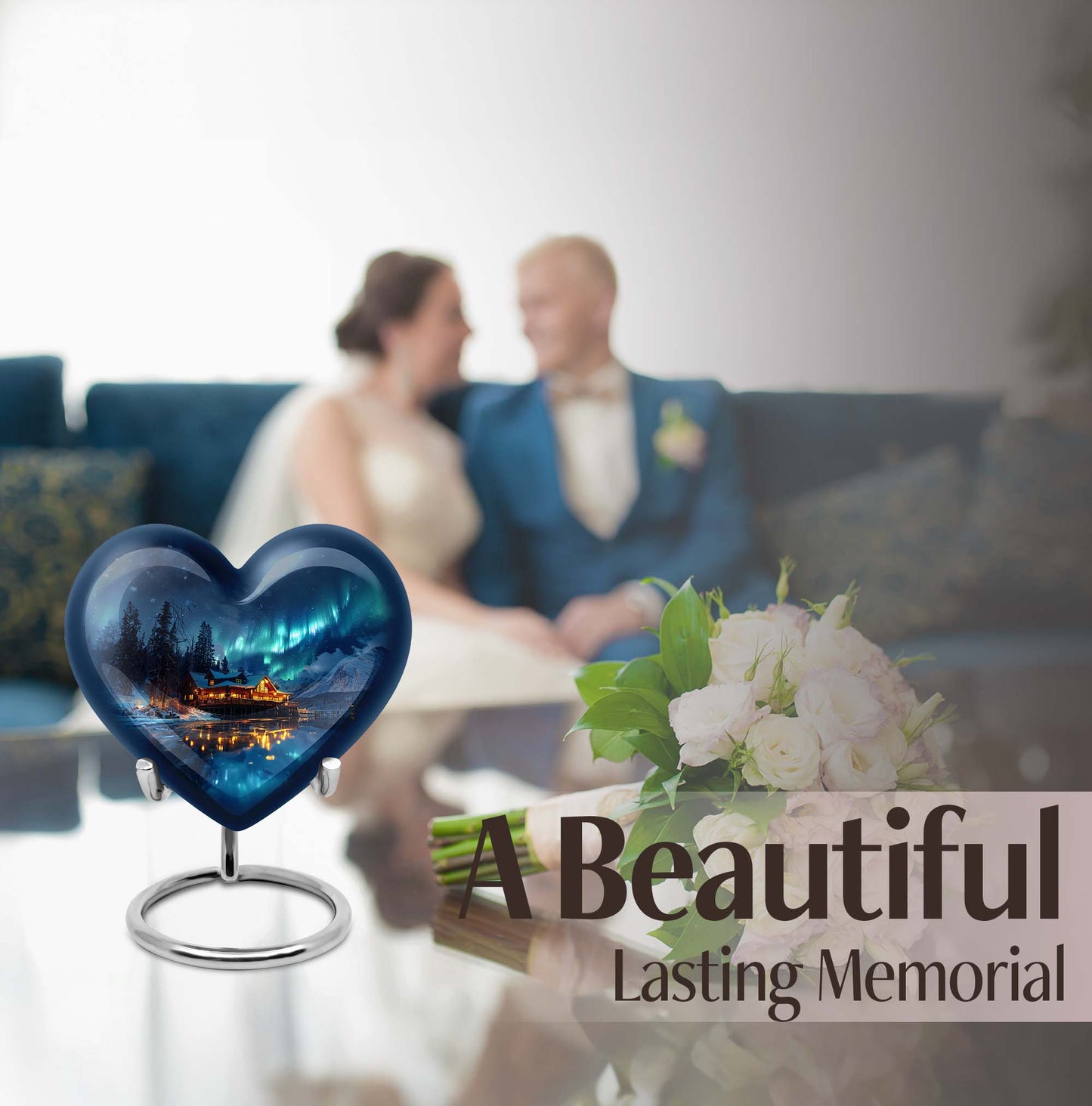 Northern Lights-themed heart urn for ashes