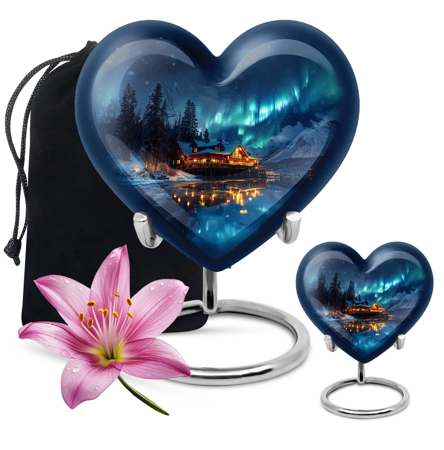 Northern Lights-themed heart urn for ashes