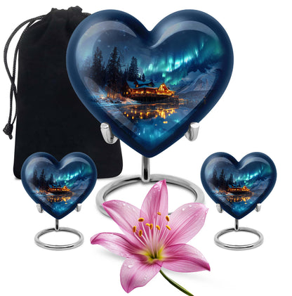 Northern Lights-themed heart urn for ashes