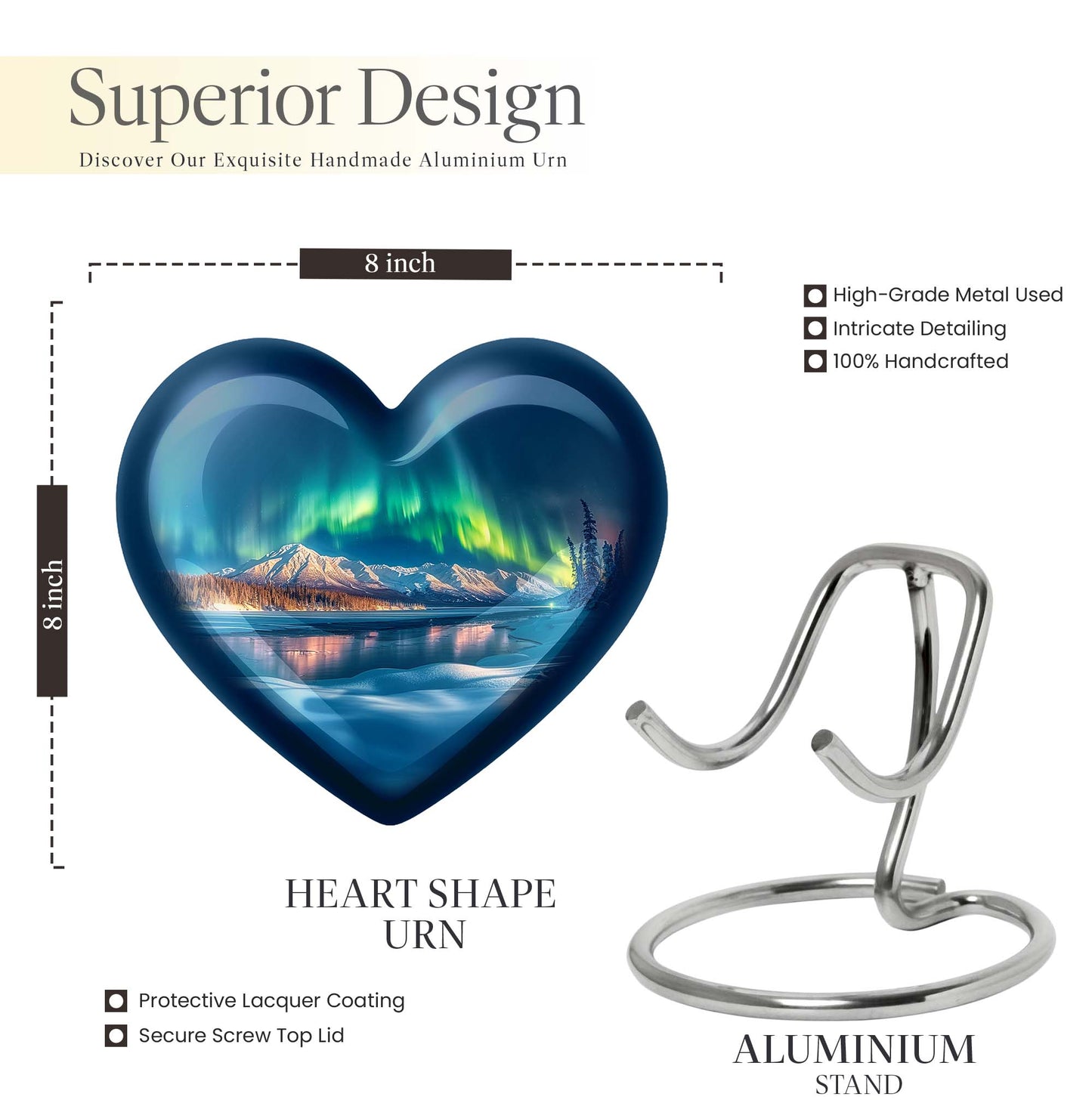 heart-shaped Aurora Borealis burial urn