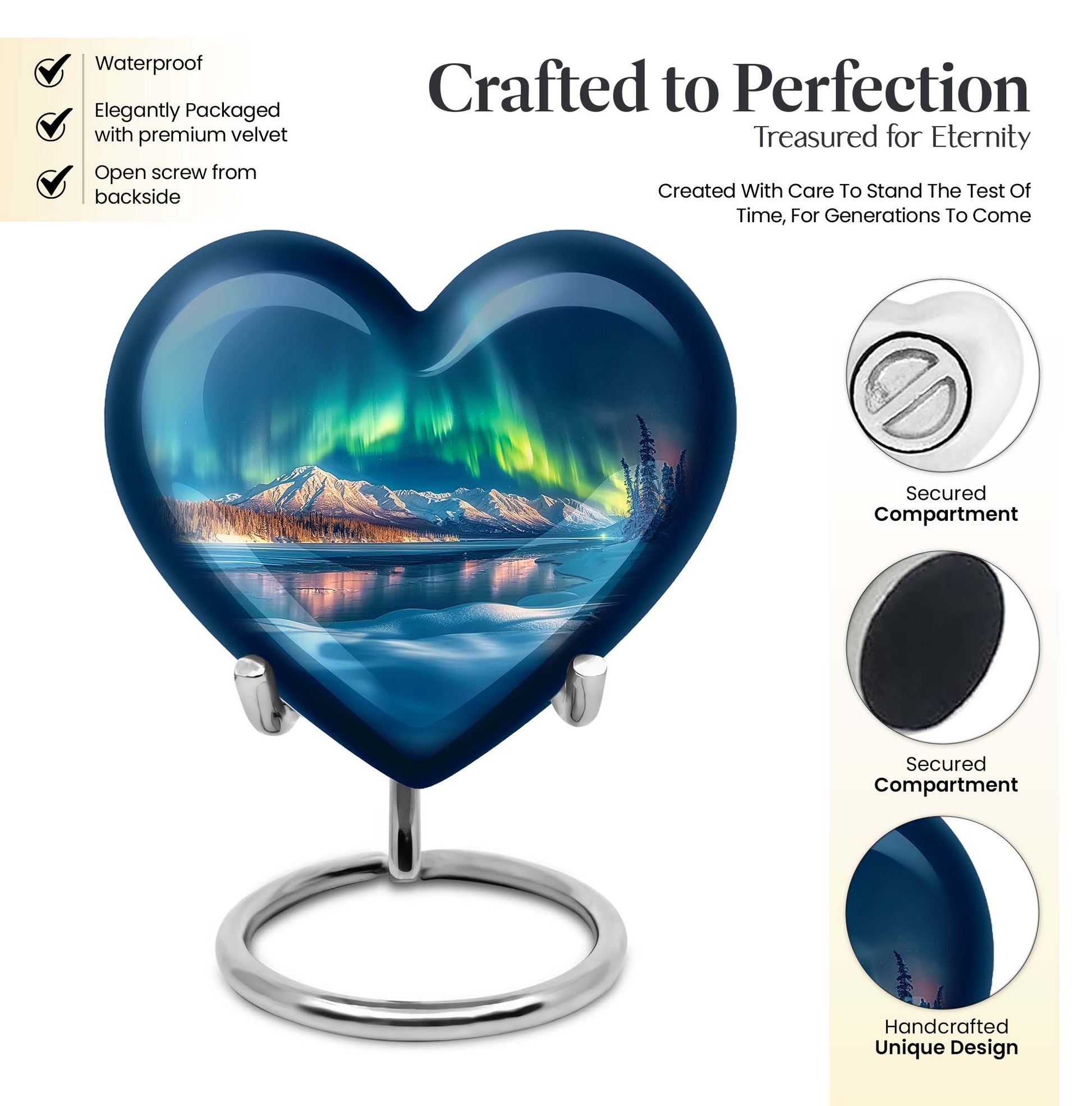 heart-shaped Aurora Borealis burial urn