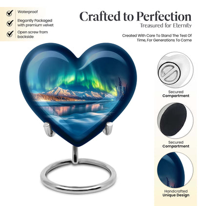 heart-shaped Aurora Borealis burial urn