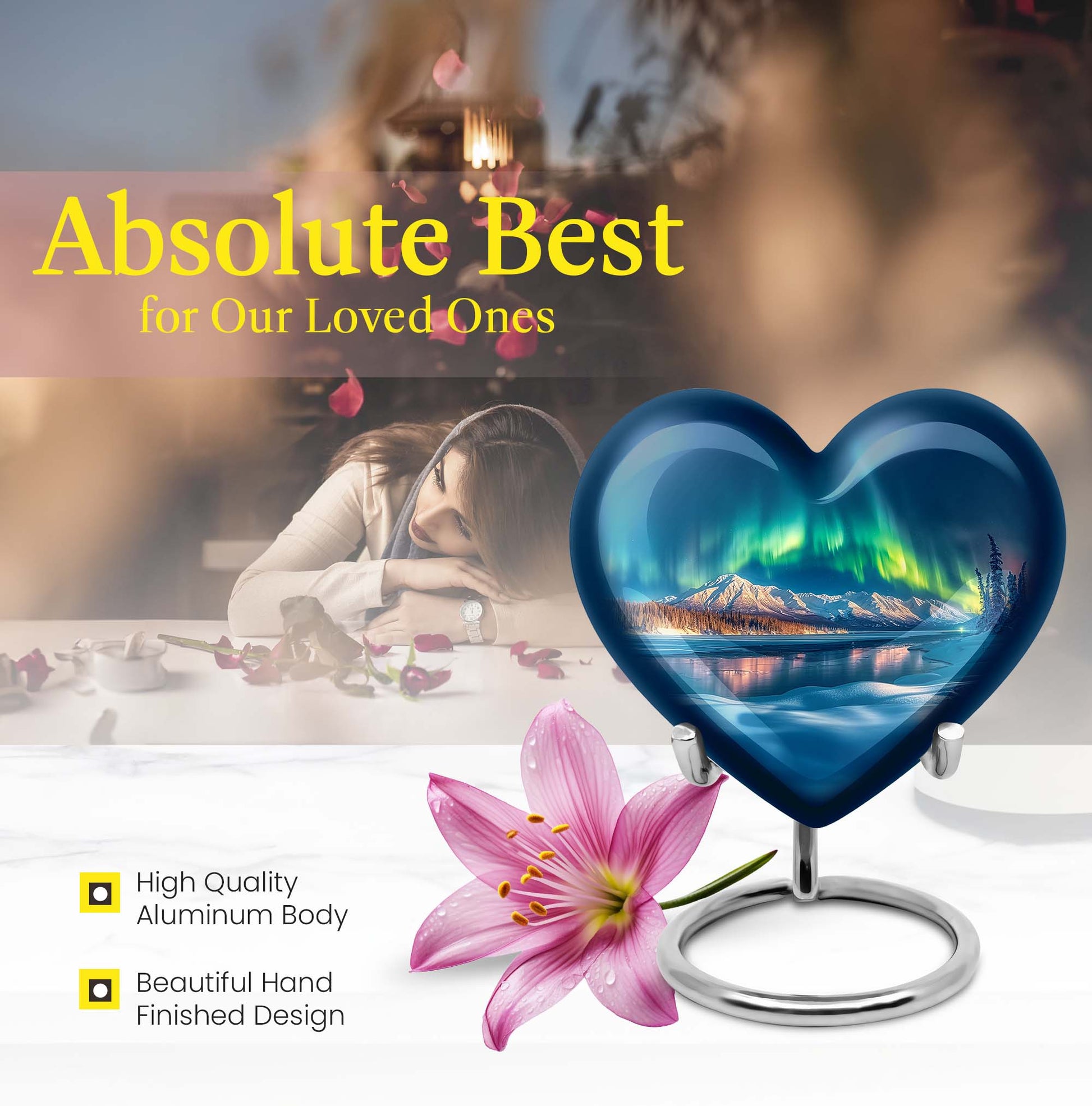 heart-shaped Aurora Borealis burial urn