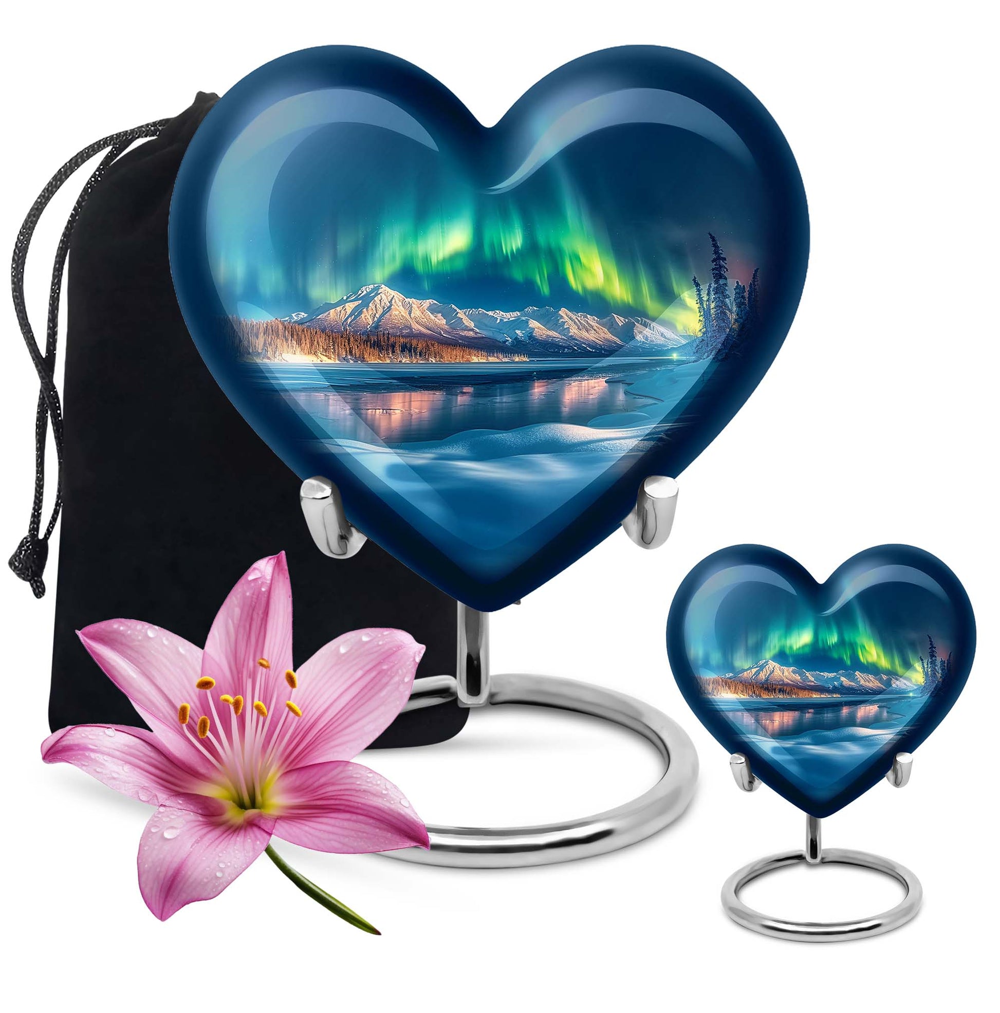 heart-shaped Aurora Borealis burial urn