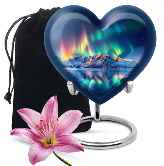 Arora borealis heart shaped memorial urn for ashes, butterfly theme