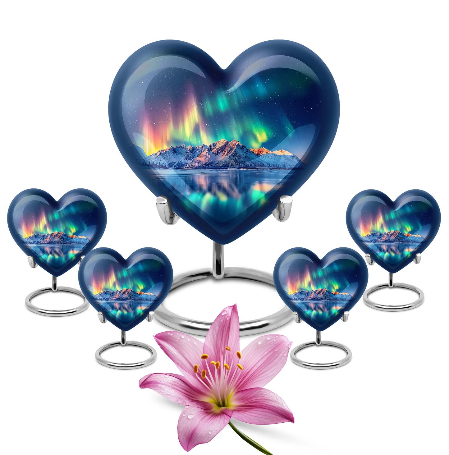 Arora borealis heart shaped memorial urn for ashes, butterfly theme