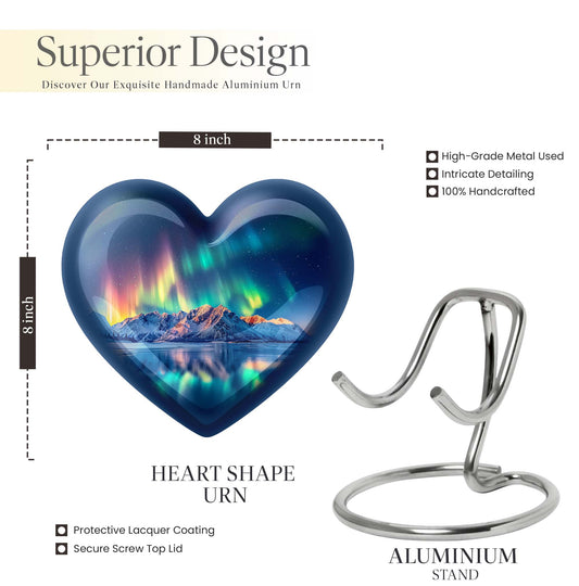 Arora borealis heart shaped memorial urn for ashes, butterfly theme