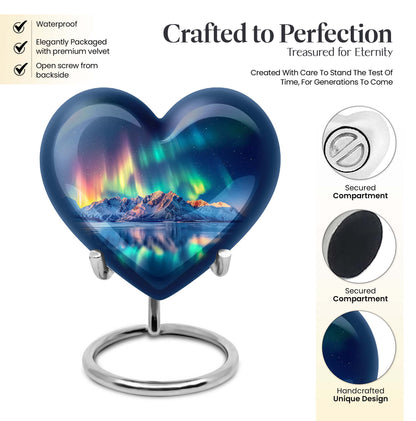 Arora borealis heart shaped memorial urn for ashes, butterfly theme