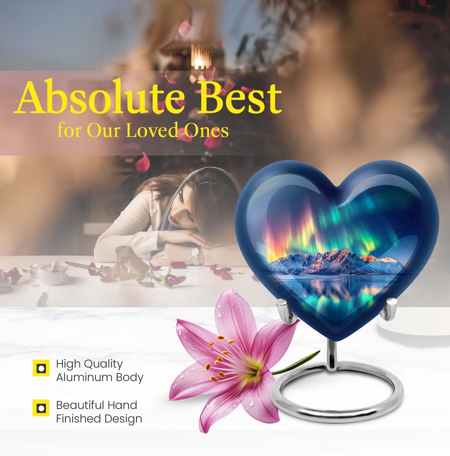 Arora borealis heart shaped memorial urn for ashes, butterfly theme