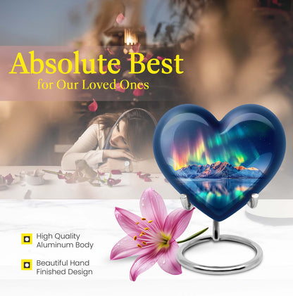 Arora borealis heart shaped memorial urn for ashes, butterfly theme