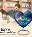 Arora borealis heart shaped memorial urn for ashes, butterfly theme