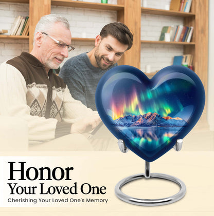 Arora borealis heart shaped memorial urn for ashes, butterfly theme