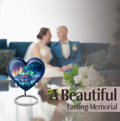 Arora borealis heart shaped memorial urn for ashes, butterfly theme