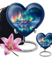 Arora borealis heart shaped memorial urn for ashes, butterfly theme