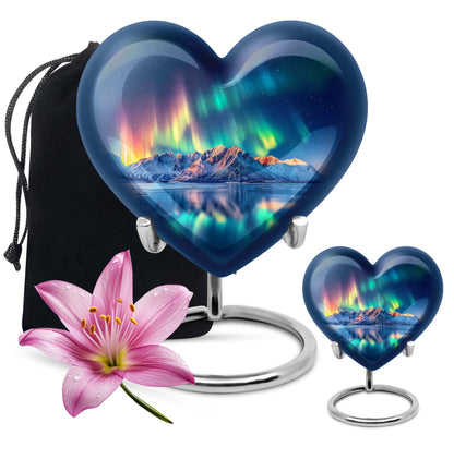 Arora borealis heart shaped memorial urn for ashes, butterfly theme