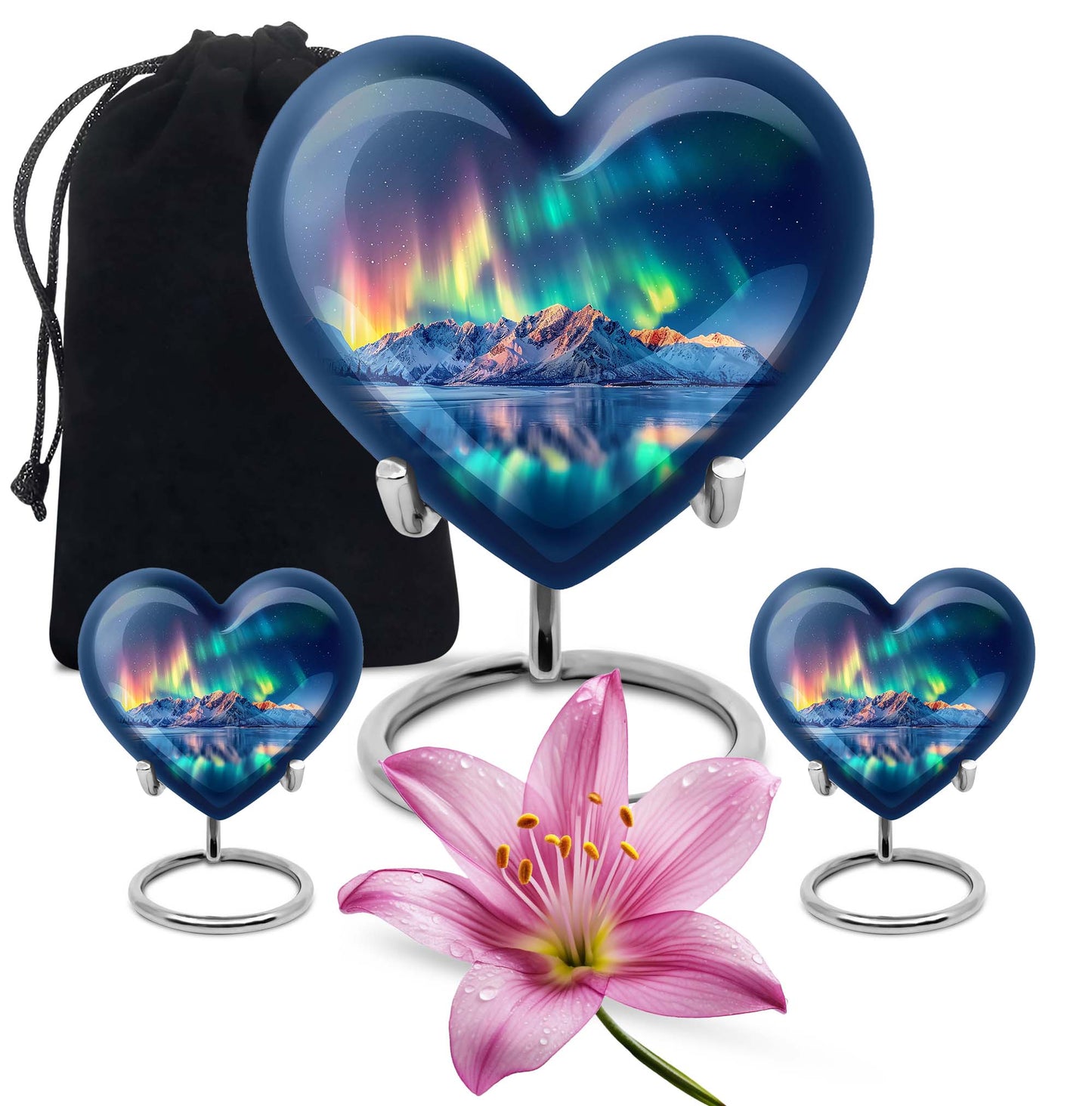 Arora borealis heart shaped memorial urn for ashes, butterfly theme