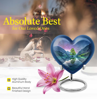 Heart-shaped Aurora Borealis Urn for cremation ashes, butterfly-themed with personal engraving