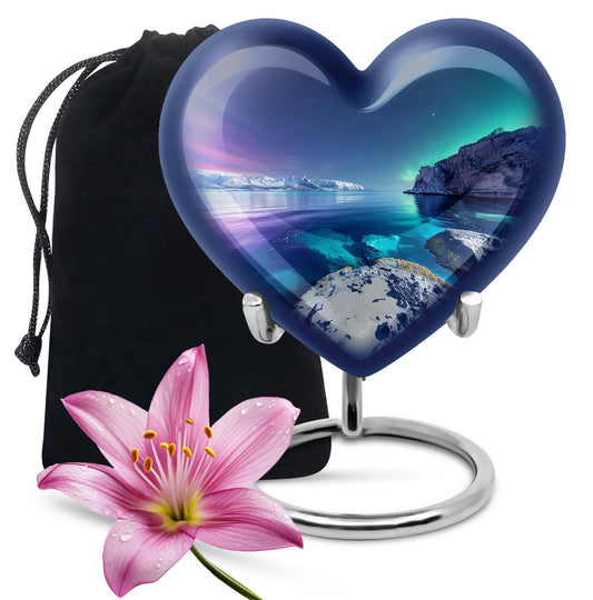 Heart-shaped, Aurora Borealis-themed memorial large urn