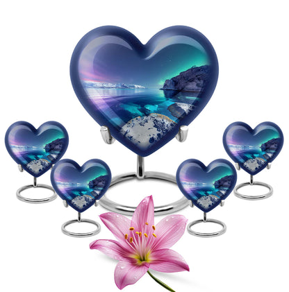 Heart-shaped, Aurora Borealis-themed memorial large urn