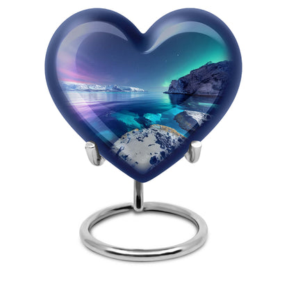 Heart-shaped, Aurora Borealis-themed memorial large urn