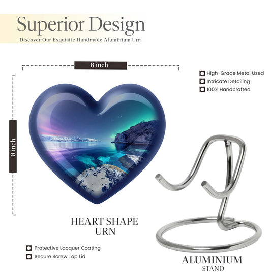 Heart-shaped, Aurora Borealis-themed memorial large urn