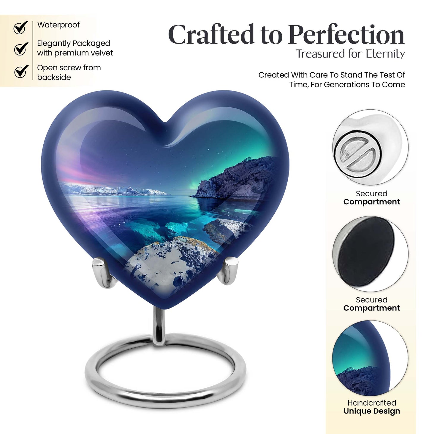 Heart-shaped, Aurora Borealis-themed memorial large urn