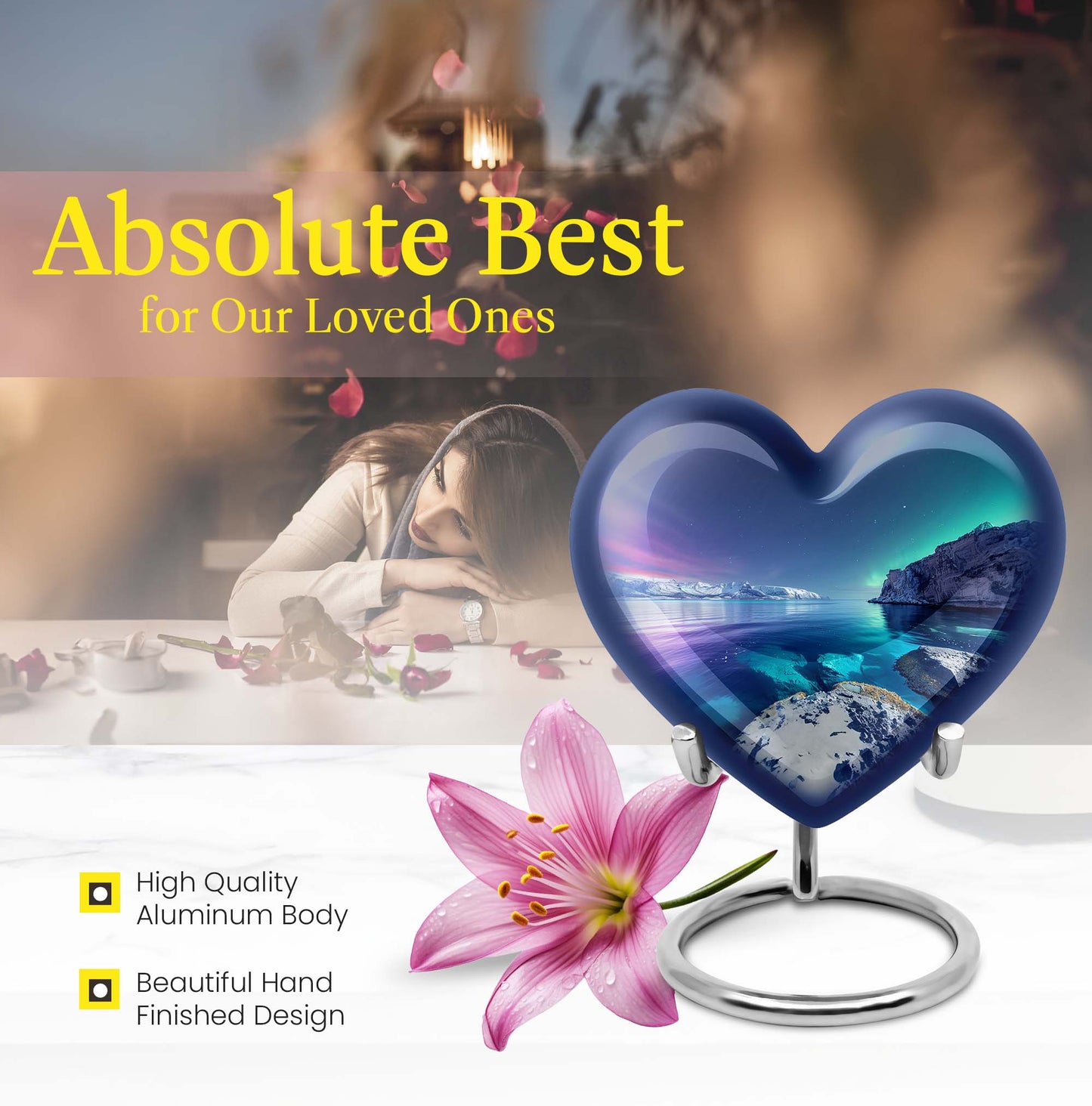 Heart-shaped, Aurora Borealis-themed memorial large urn