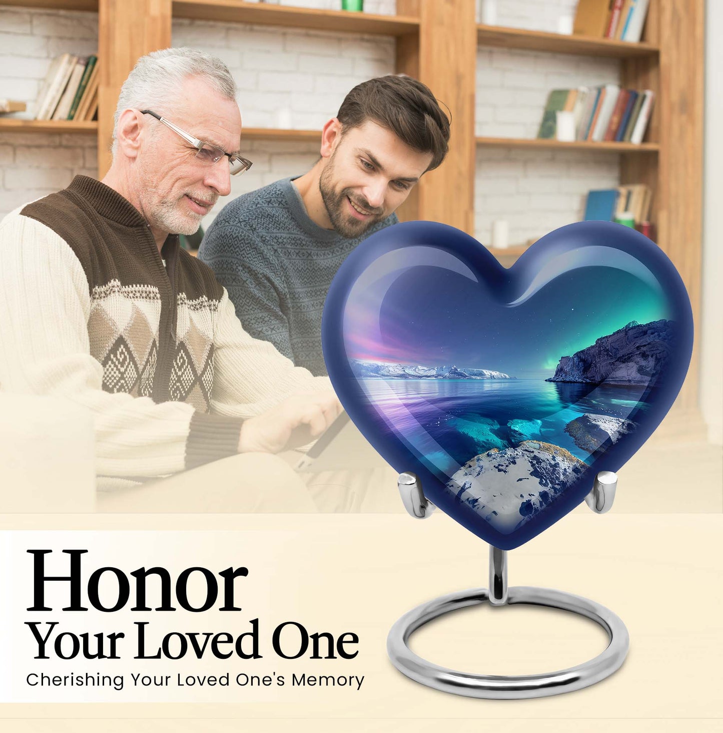 Heart-shaped, Aurora Borealis-themed memorial large urn