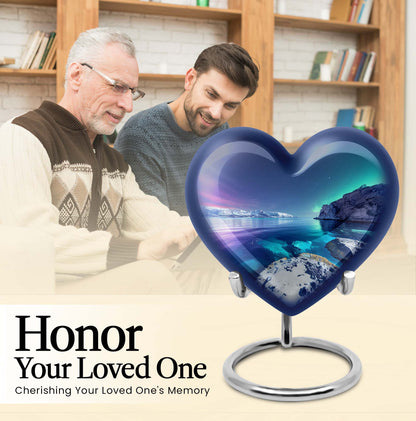 Heart-shaped, Aurora Borealis-themed memorial large urn