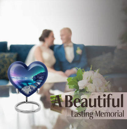 Heart-shaped, Aurora Borealis-themed memorial large urn
