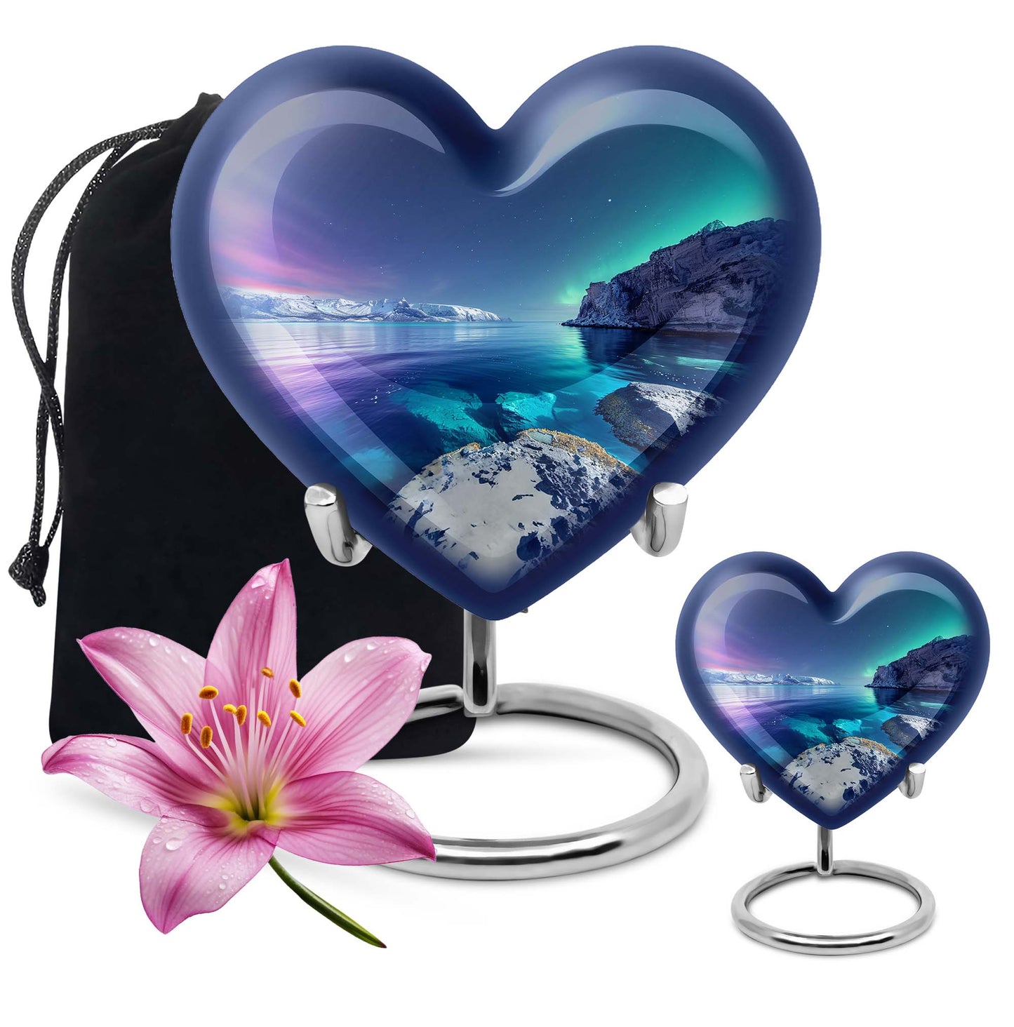 Heart-shaped, Aurora Borealis-themed memorial large urn