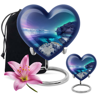 Heart-shaped, Aurora Borealis-themed memorial large urn