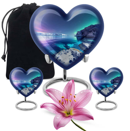 Heart-shaped, Aurora Borealis-themed memorial large urn
