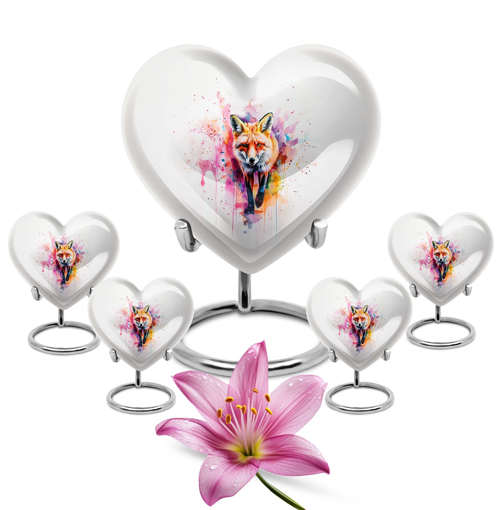 10-inch heart-shaped fox urn with butterfly theme for cremation ashes, personalizable
