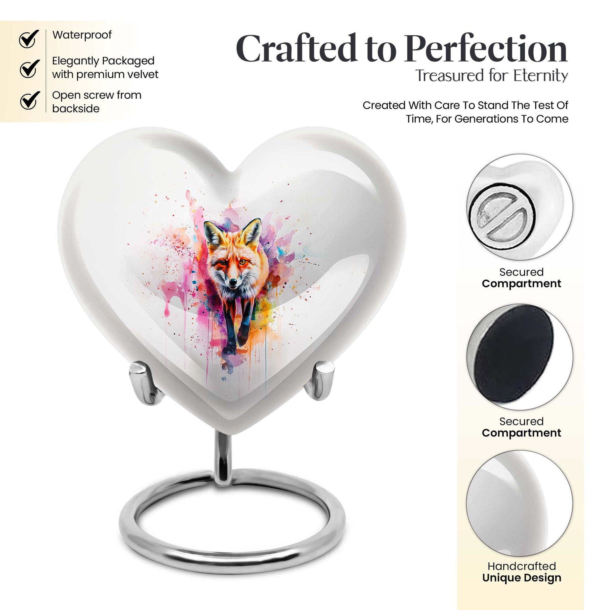 10-inch heart-shaped fox urn with butterfly theme for cremation ashes, personalizable