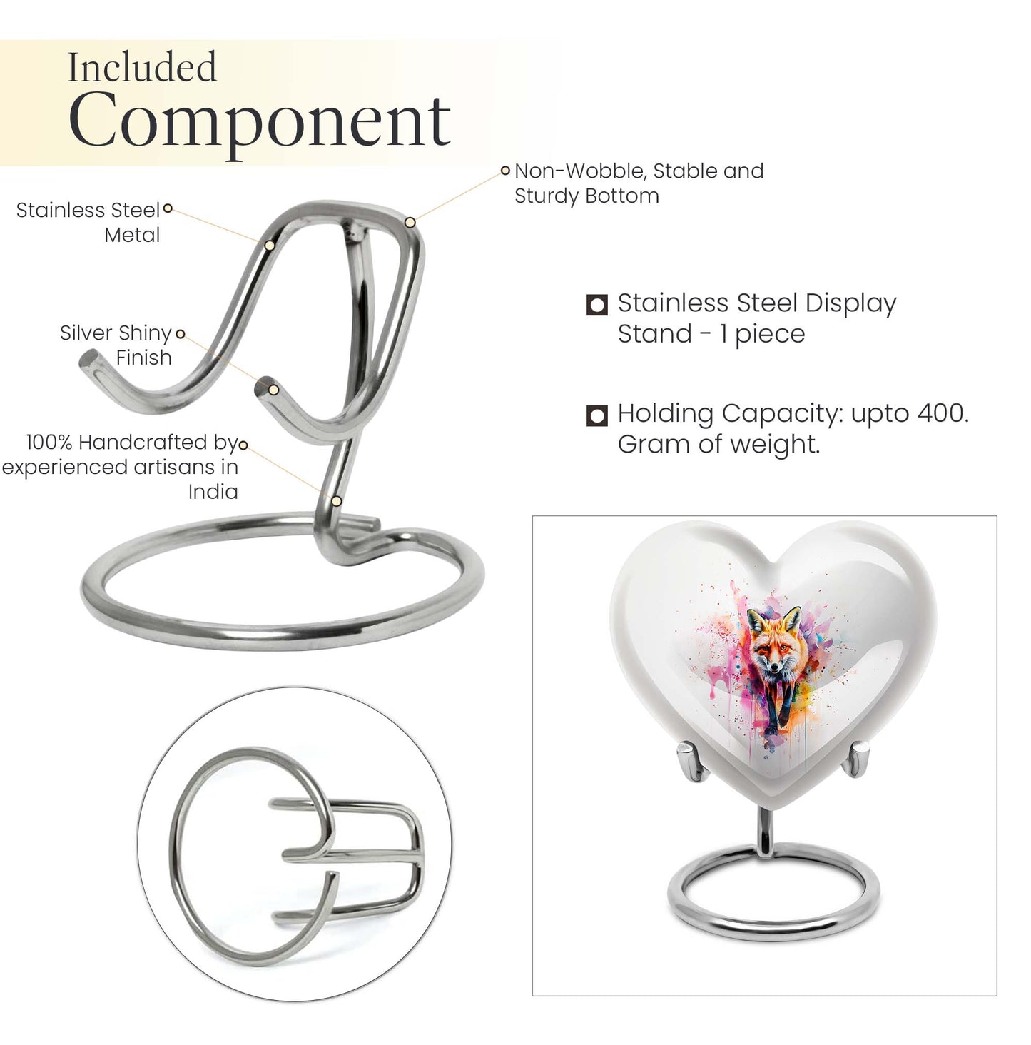 10-inch heart-shaped fox urn with butterfly theme for cremation ashes, personalizable