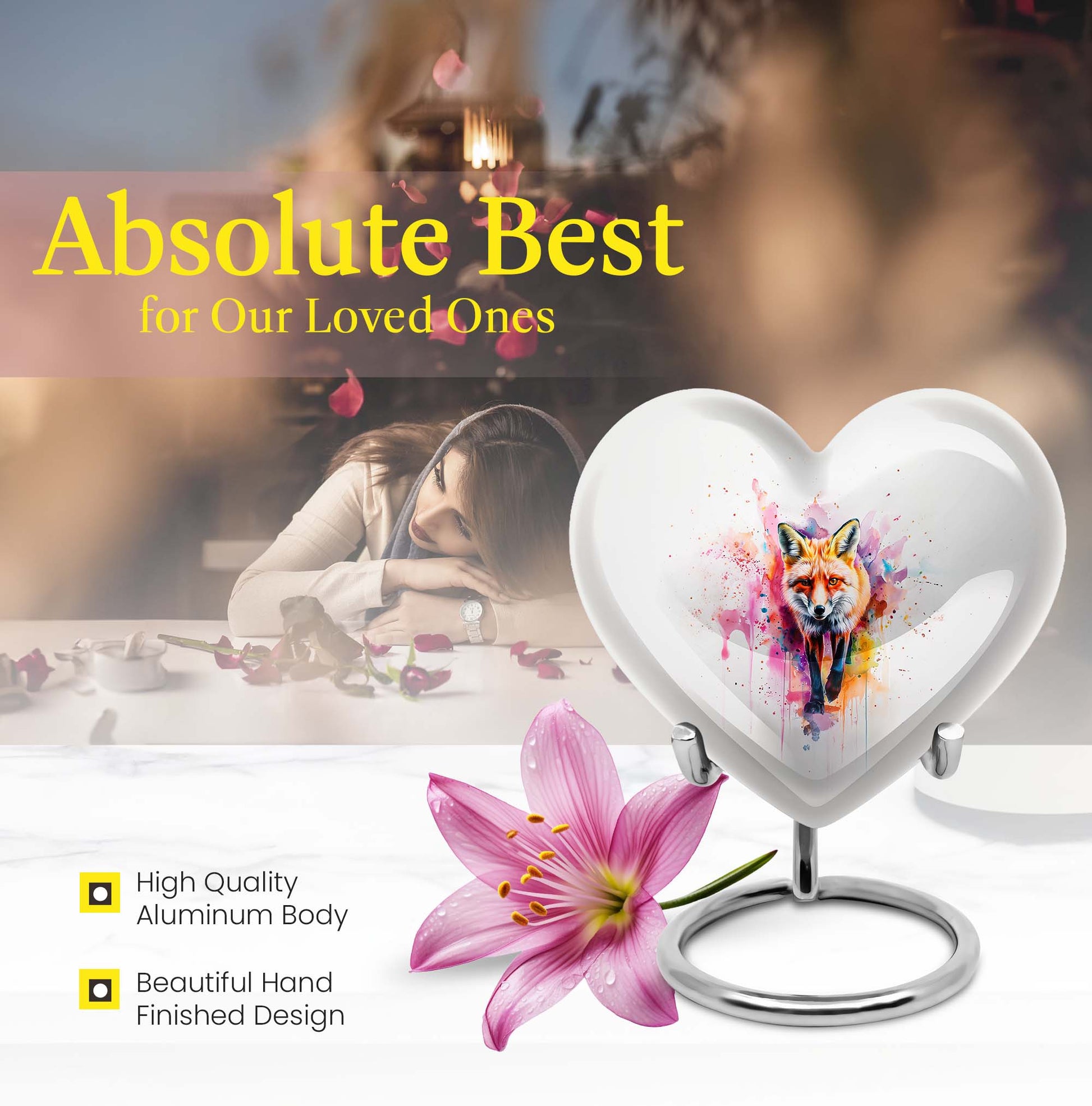 10-inch heart-shaped fox urn with butterfly theme for cremation ashes, personalizable