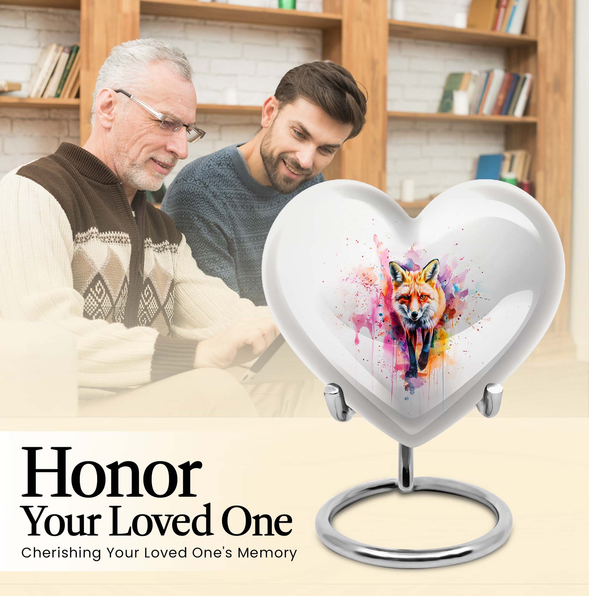 10-inch heart-shaped fox urn with butterfly theme for cremation ashes, personalizable
