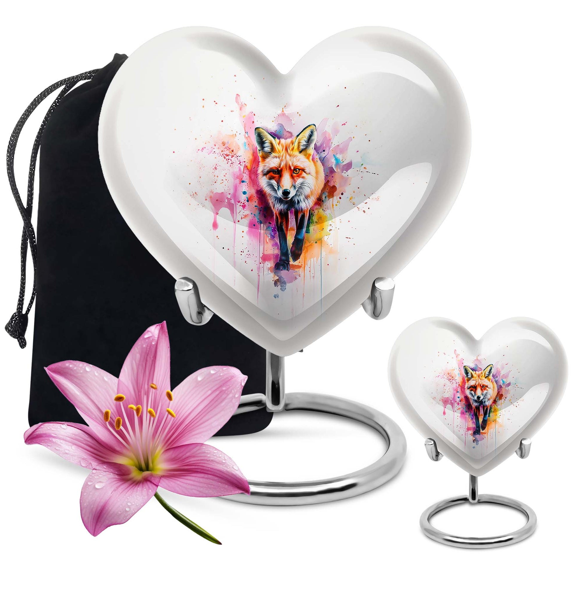 10-inch heart-shaped fox urn with butterfly theme for cremation ashes, personalizable