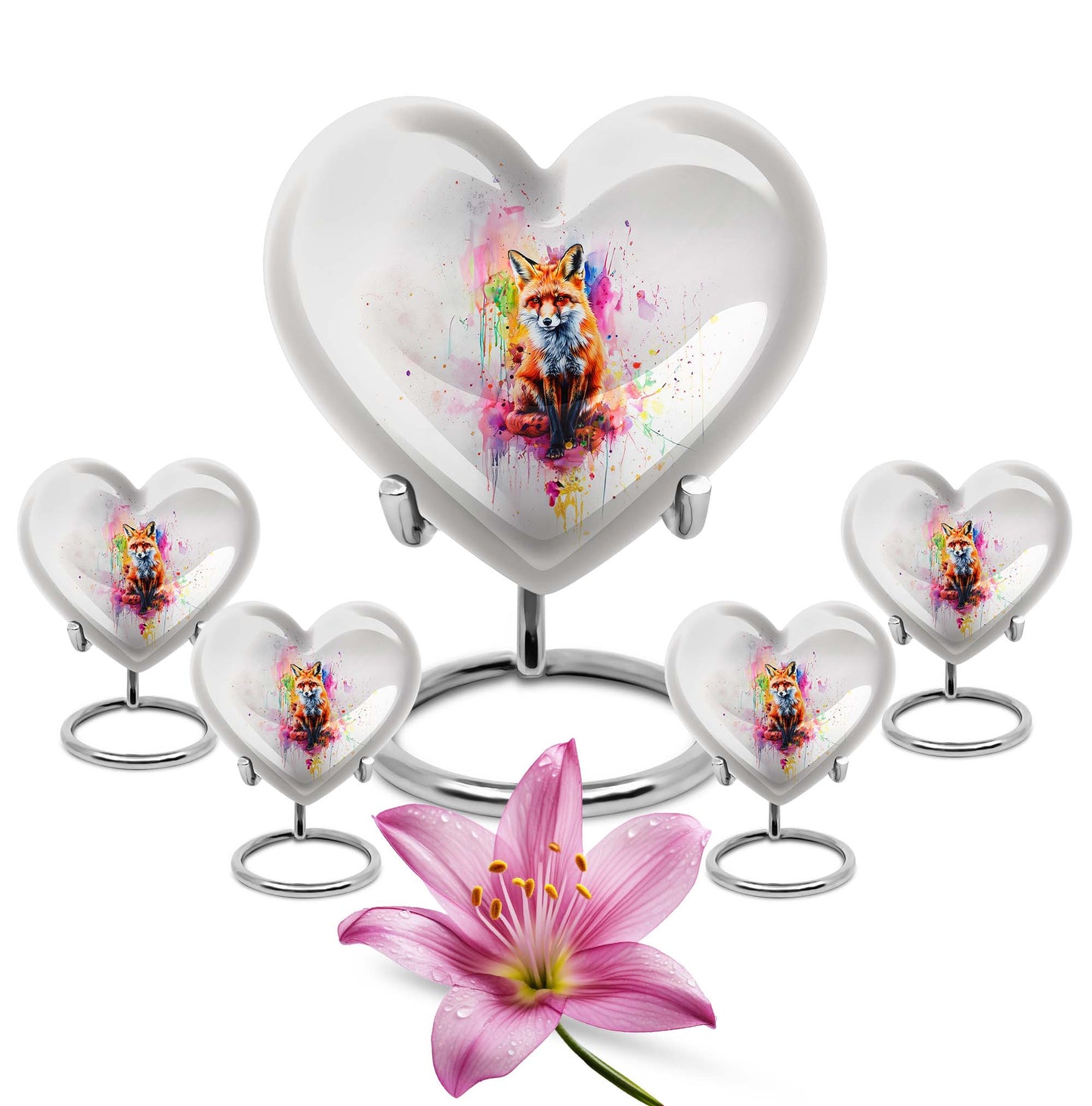Heart-shaped fox urn in aluminium with butterfly