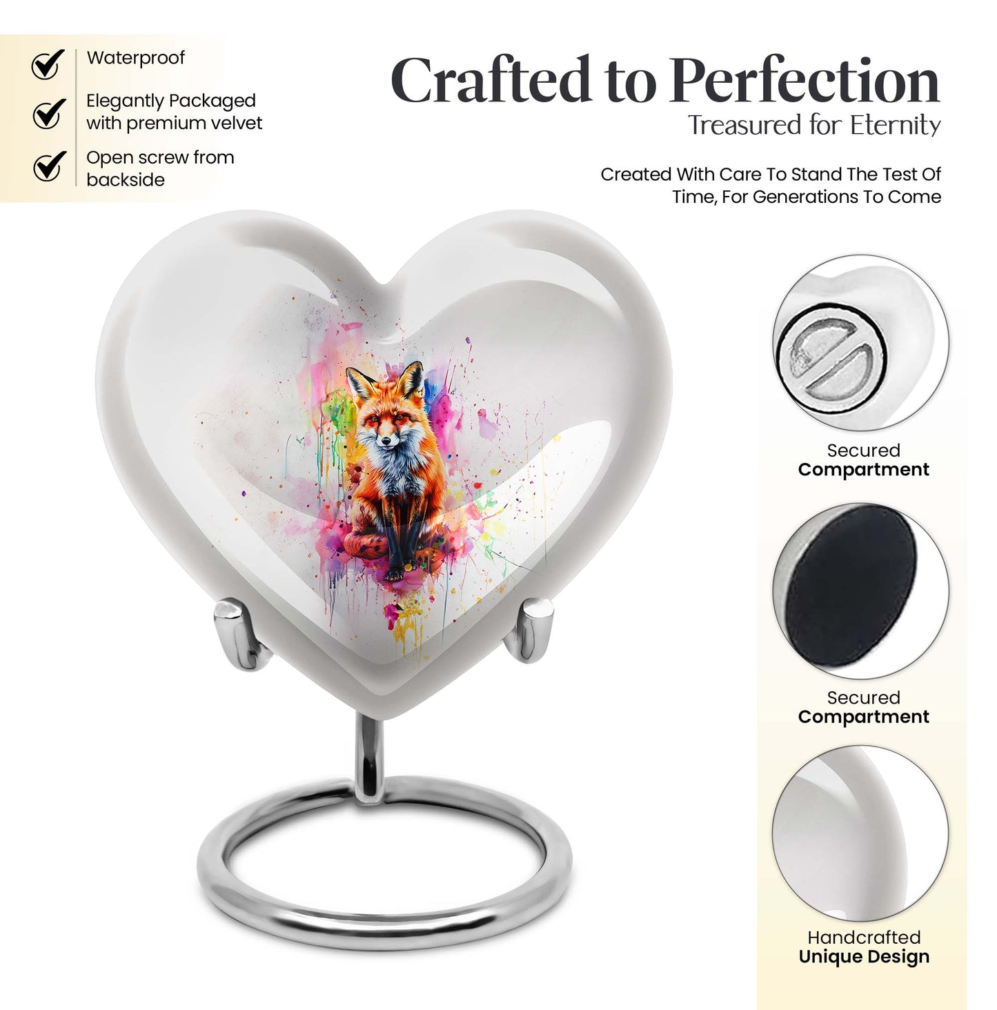 Heart-shaped fox urn in aluminium with butterfly