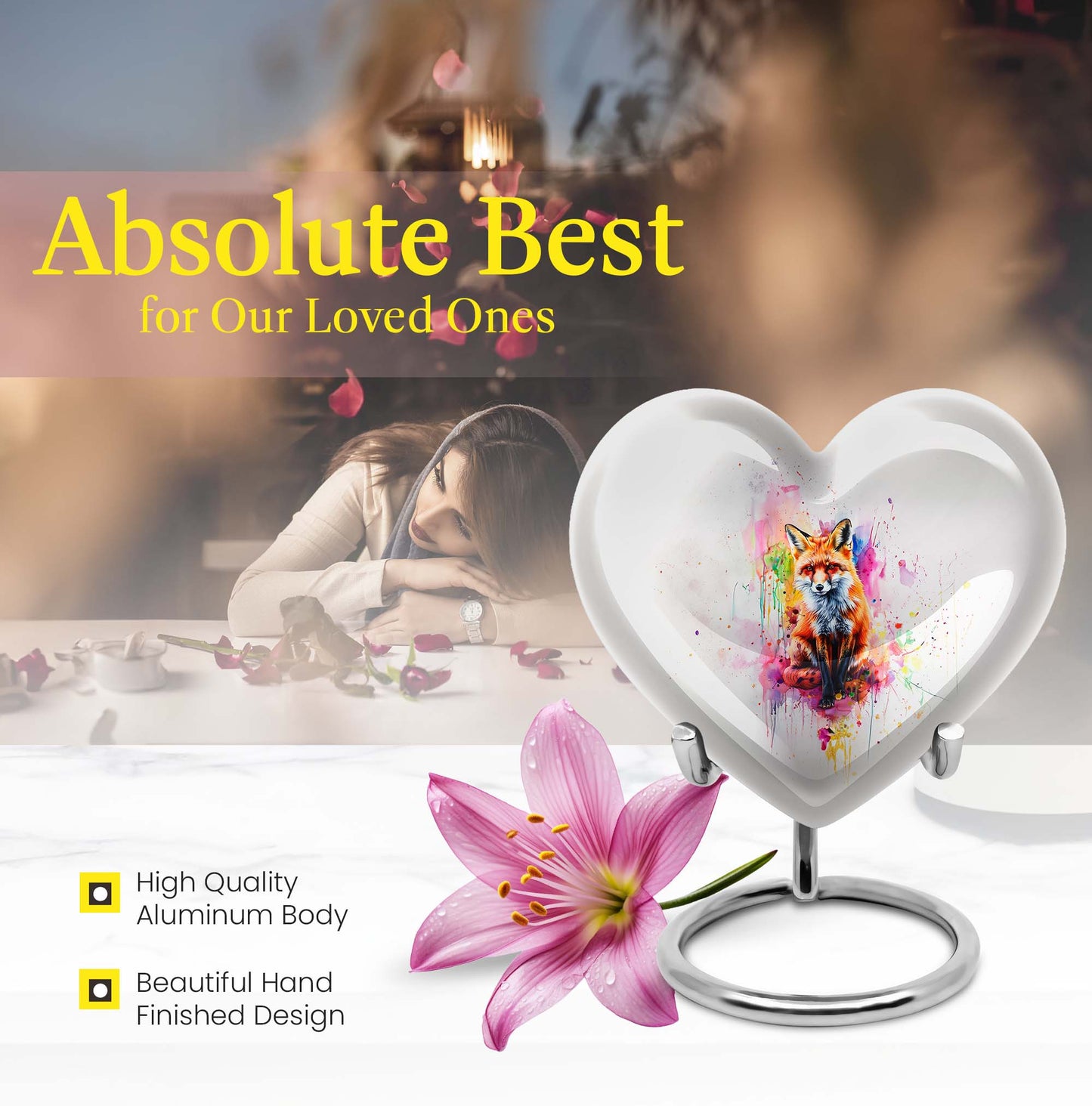 Heart-shaped fox urn in aluminium with butterfly