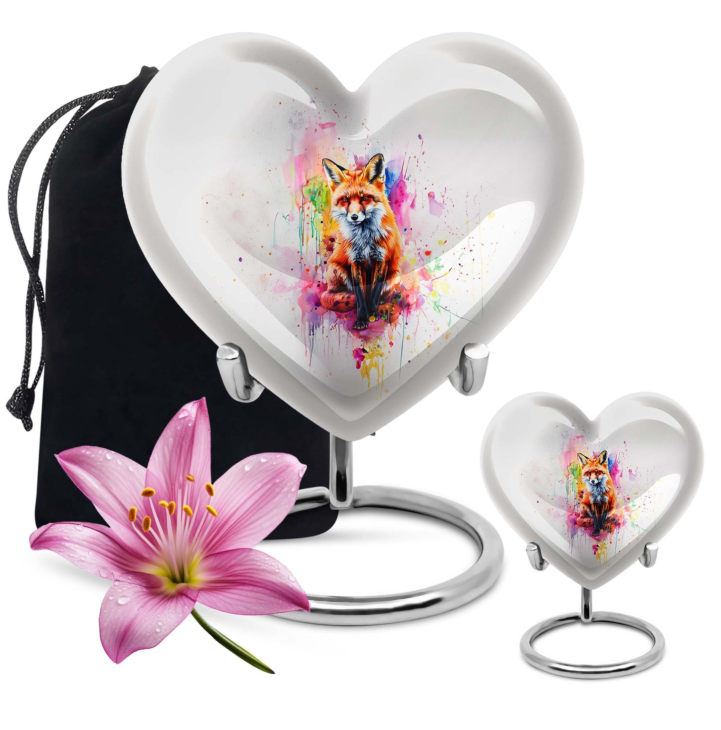 Heart-shaped fox urn in aluminium with butterfly
