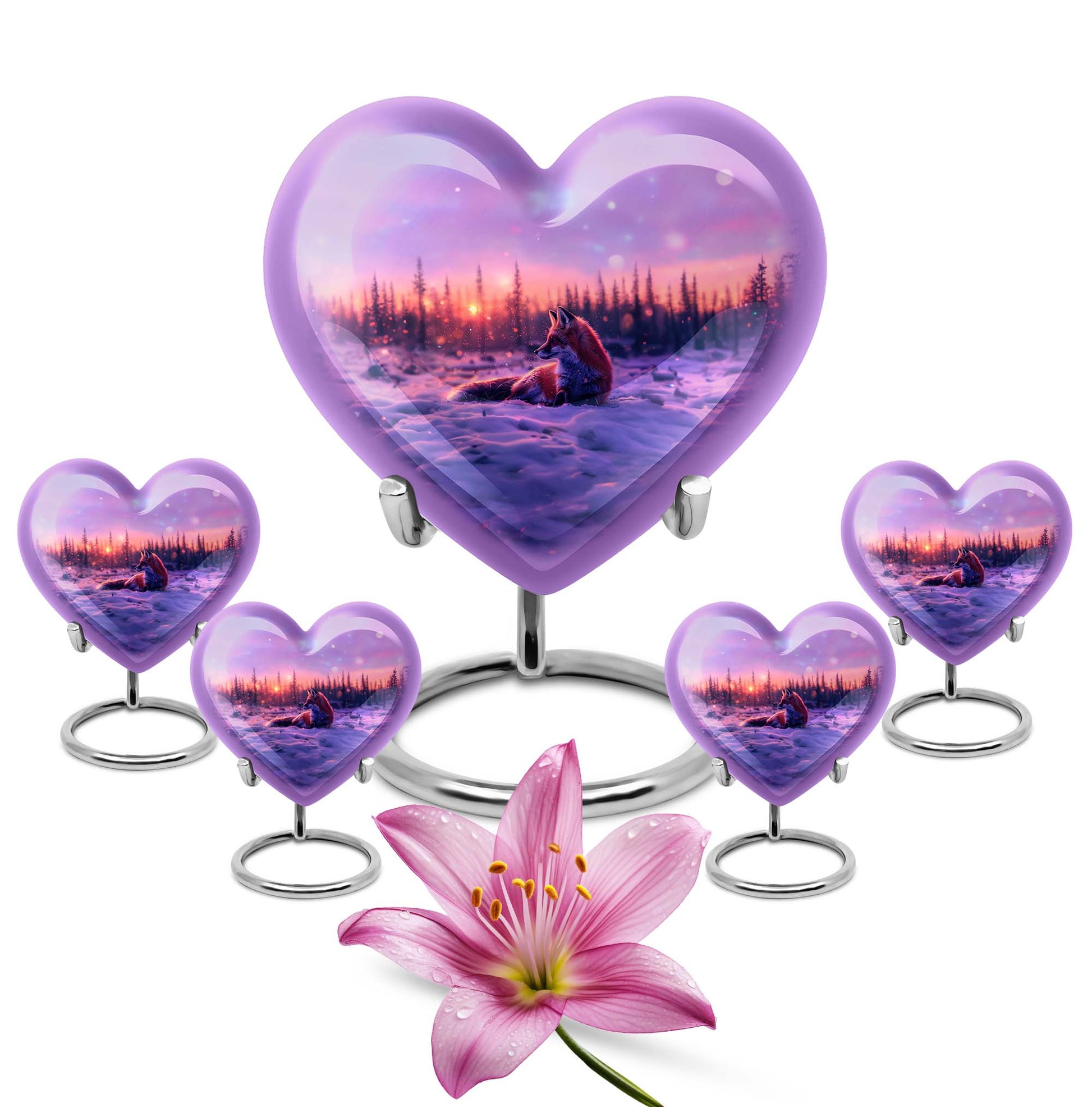 10-inch heart-shaped fox urn with butterfly theme, includes personalization and velvet pouch.