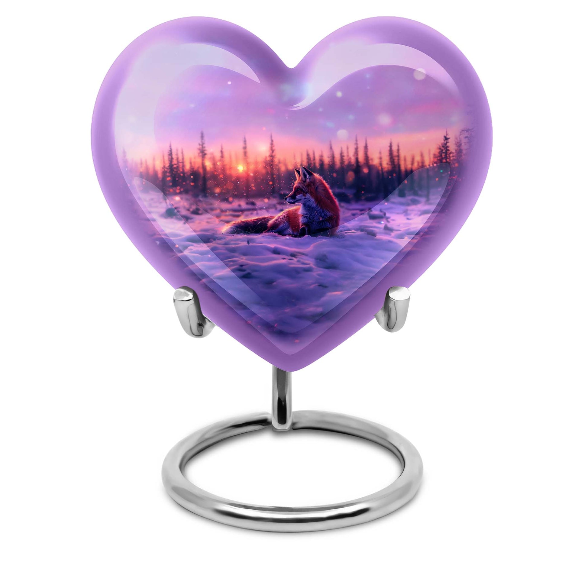 10-inch heart-shaped fox urn with butterfly theme, includes personalization and velvet pouch.