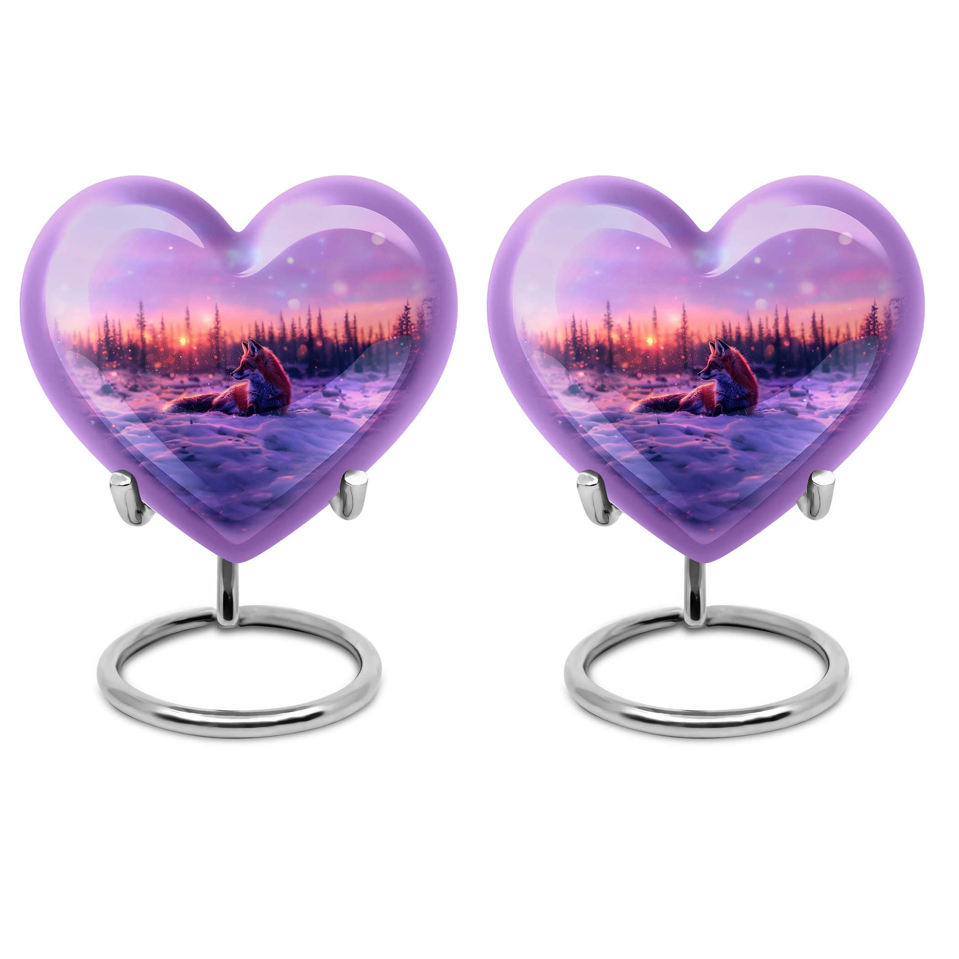10-inch heart-shaped fox urn with butterfly theme, includes personalization and velvet pouch.