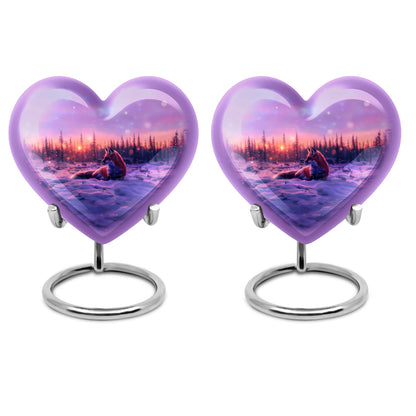 10-inch heart-shaped fox urn with butterfly theme, includes personalization and velvet pouch.
