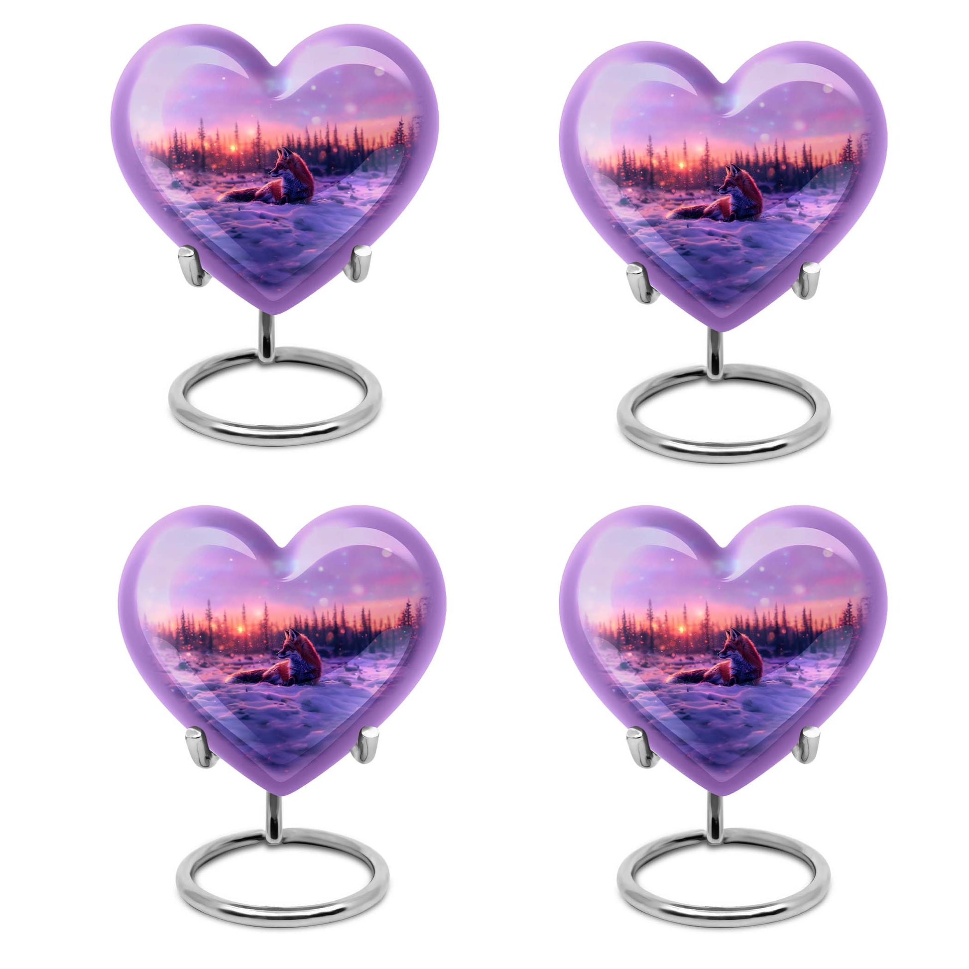10-inch heart-shaped fox urn with butterfly theme, includes personalization and velvet pouch.